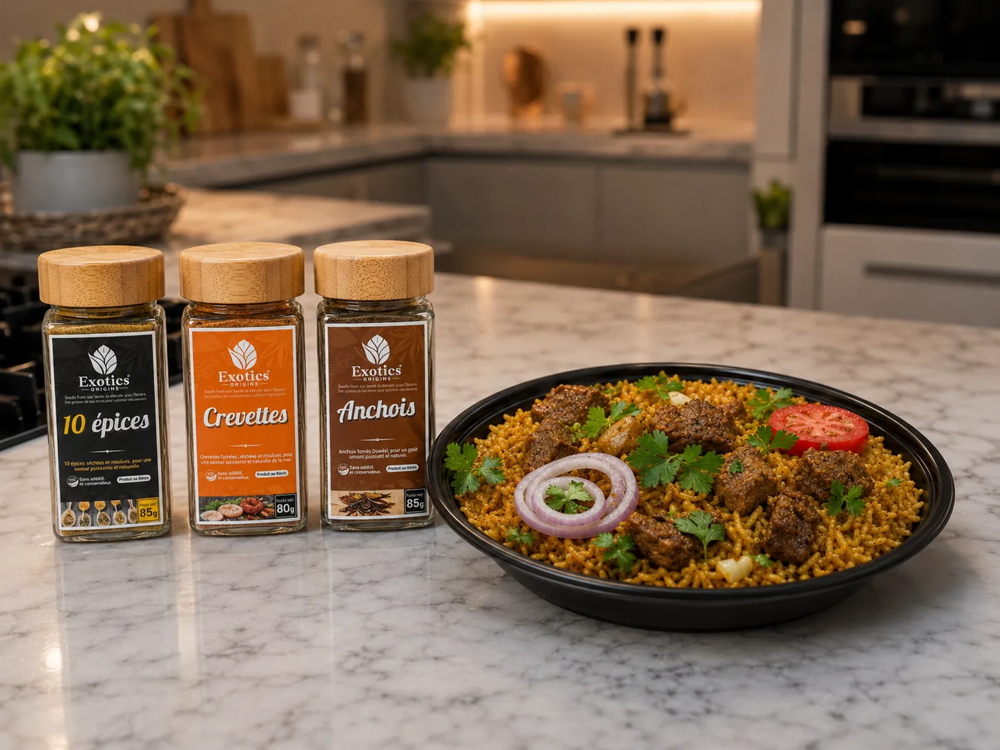 Riz gras d’agneau aux saveurs d’Afrique de l’Ouest, avec les produits Exotics Origins